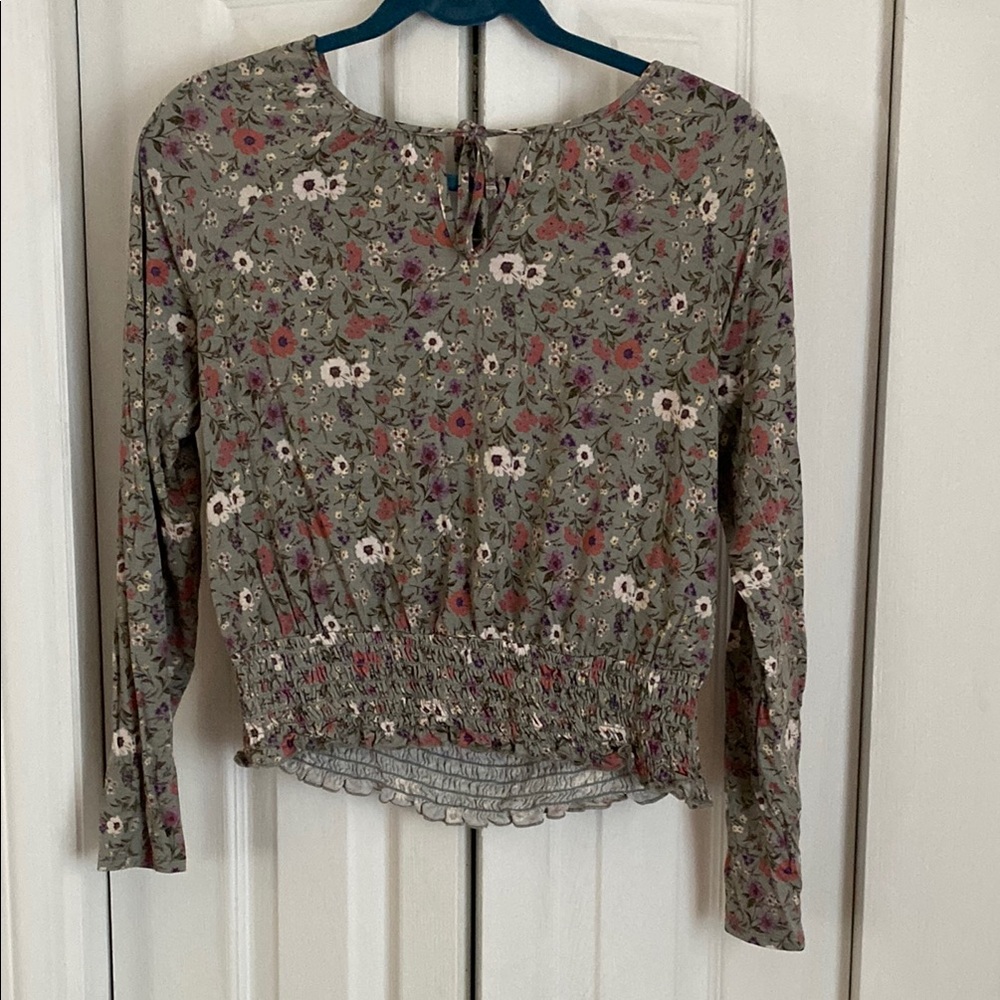 American Eagle Outfitters Smocked Floral Blouse Brown Gray